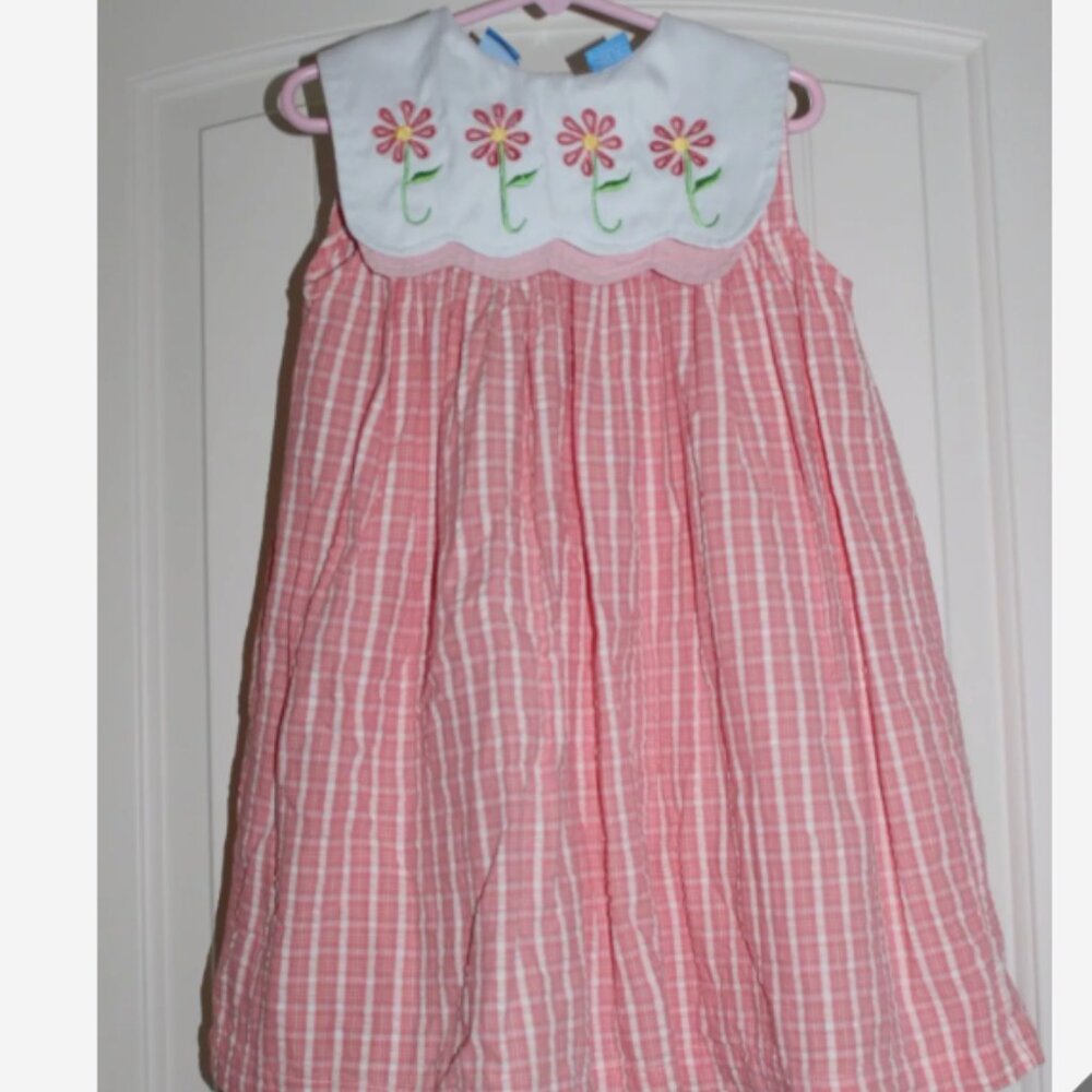 Girls OCi Coral Seersucker Daisy Flower Collar Boutique Casual Cotton Dress sz 4
